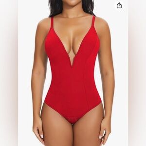 SHAPERIN Deep V Neck Bodysuit Double Lined Plunge Tummy Control Shapewear